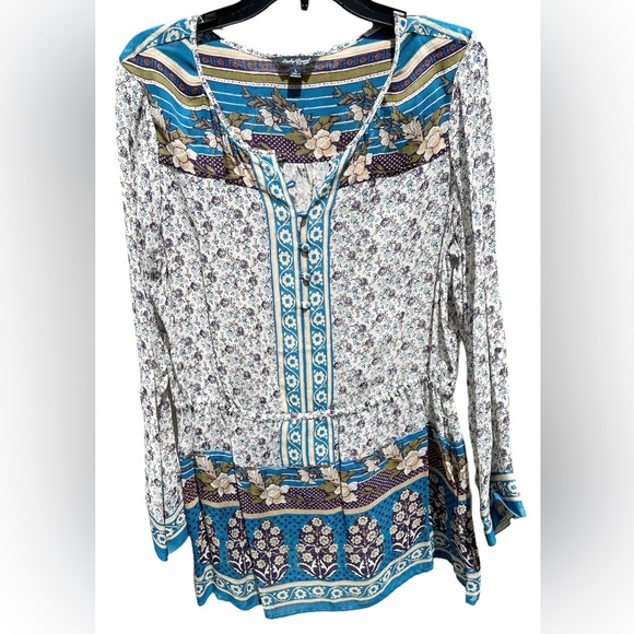 💥LAST CALL💥LUCKY BRAND Boho Purple Blue Peasant Semi-Sheer Tunic Top Sz L Blouse - Picture 2 of 9
